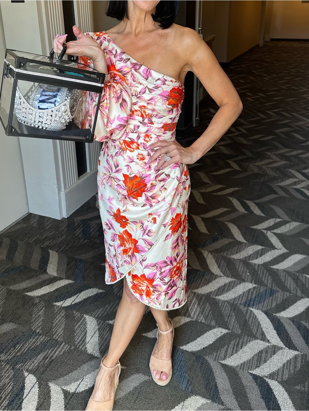 One-Shoulder Floral Midi Dress in Cream with Red & Pink Blooms